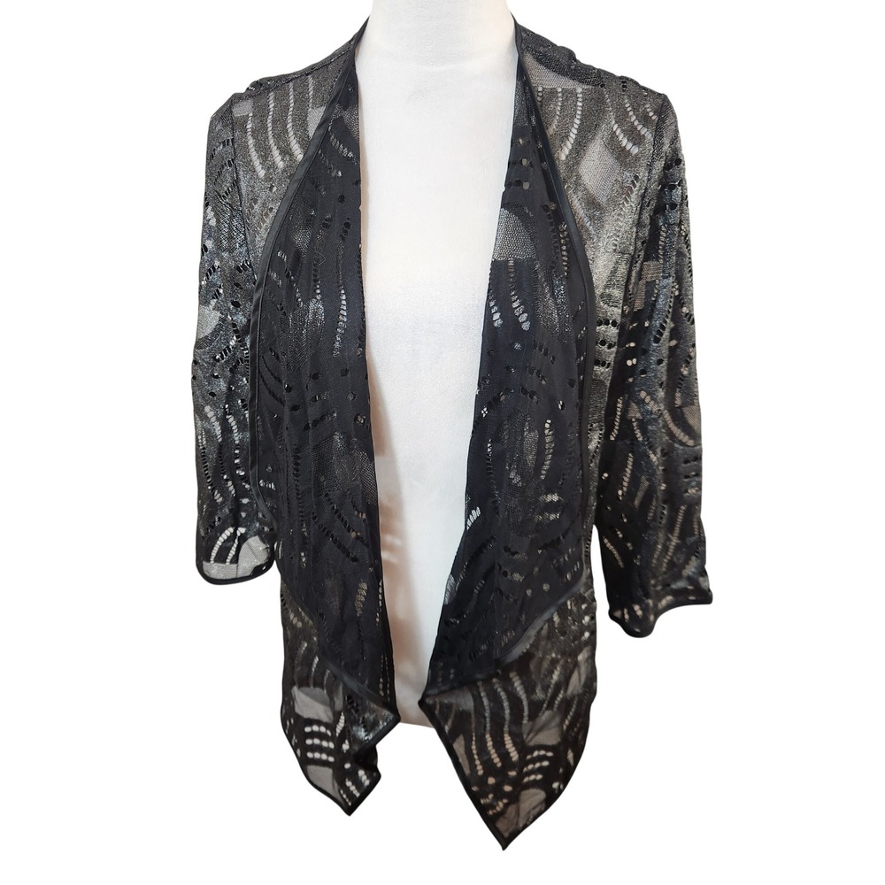 Chicos 2 Silver Black Lace Open Front Kimono Cardigan Sz Large Sheer Elegant Top